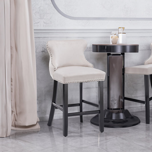 Velvet padded wing back bar stool with button tuft decoration and wooden leg chrome nail head decoration 2-piece set (beige)