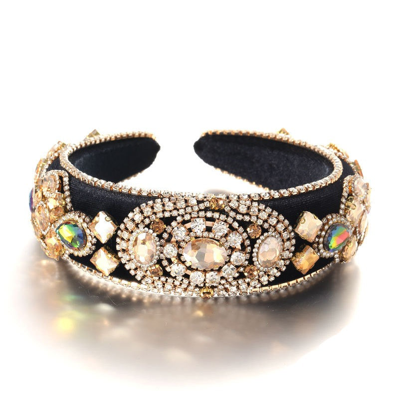 Fashionable Baroque Retro Inlaid Colored Water Diamond Sponge Head Hoop