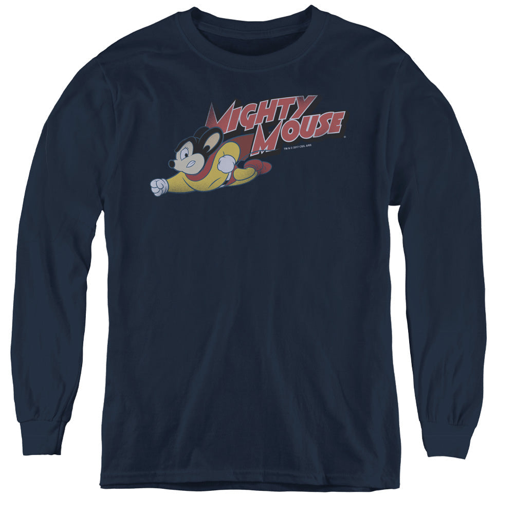 Mighty Mouse Mighty Retro Long Sleeve Kids Youth T Shirt Navy Blue Officially Licensed