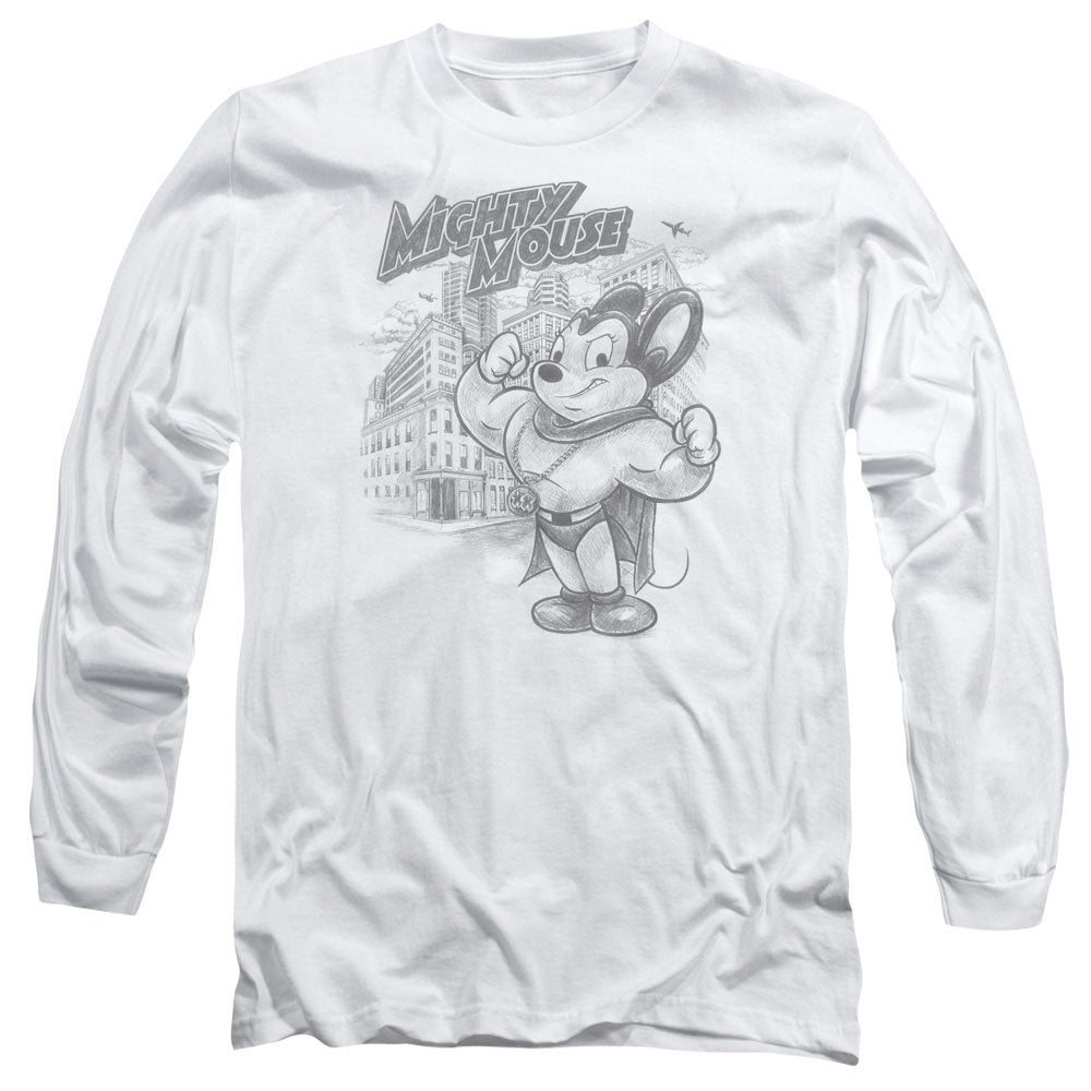 Mighty Mouse Protect And Serve Mens Long Sleeve Shirt White Officially Licensed