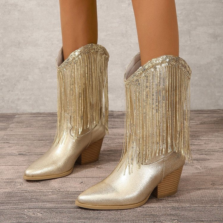 Women Vintage Chunky Heel Wrinkled Slip-on V-Opening Western Cowboy Boots