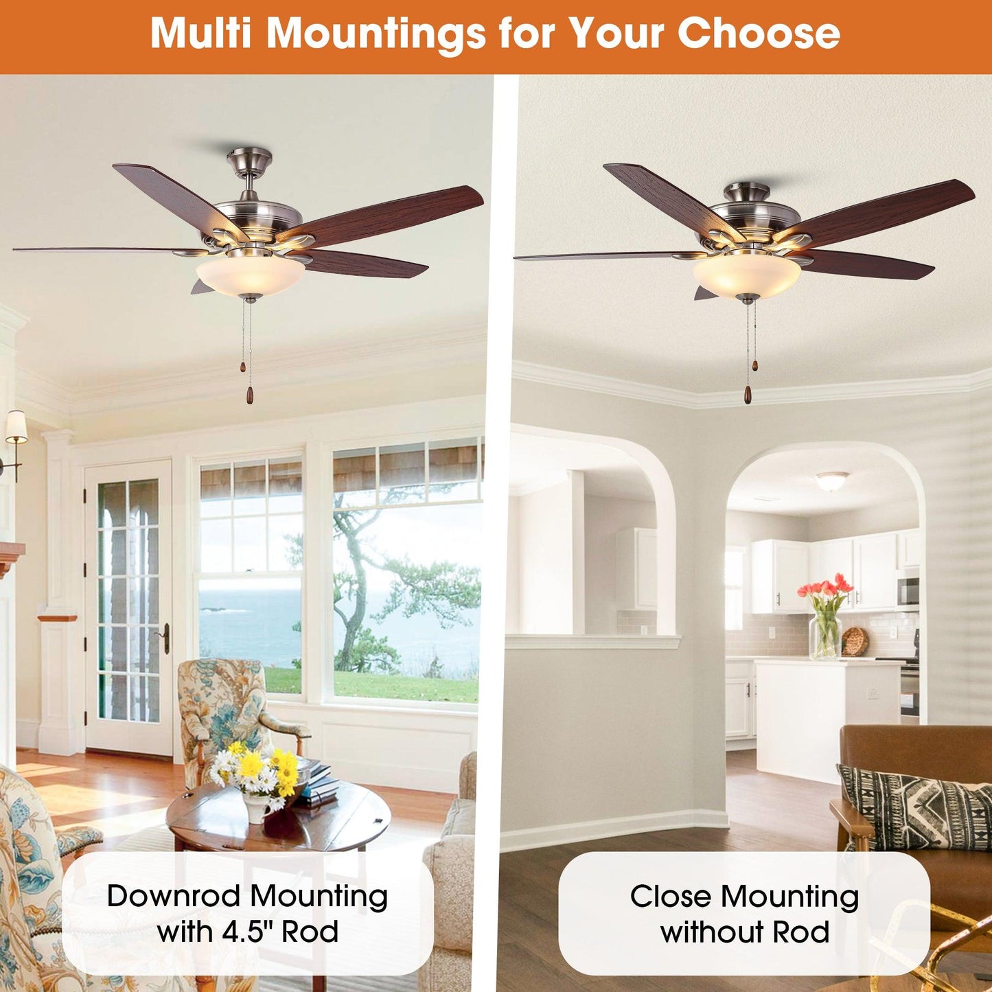 52" Traditional Pull Chain 5 Blades Ceiling Fan with Light