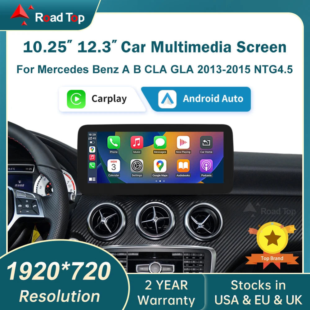 Car multimedia screen for Mercedes-Benz with CarPlay and Android Auto compatibility, displayed on a car dashboard.