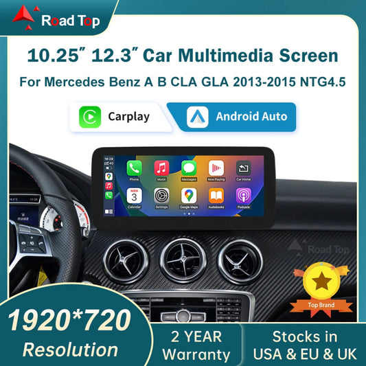 Car multimedia screen for Mercedes-Benz with CarPlay and Android Auto compatibility, displayed on a car dashboard.