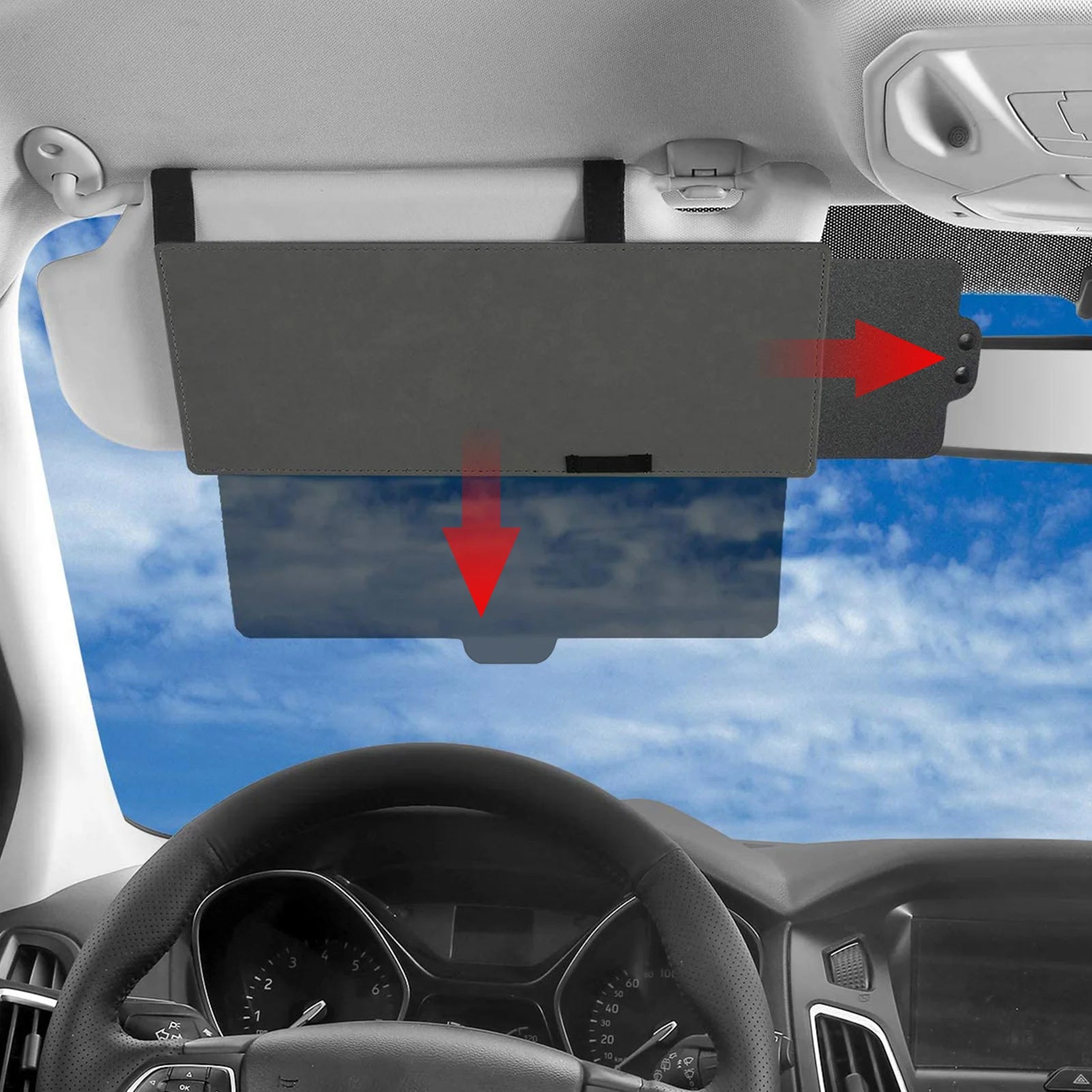 Car visor with a sunshade attached, showing how to use it.