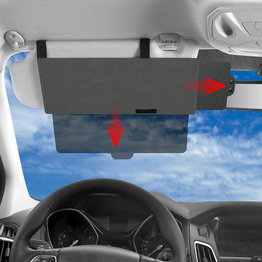 Car visor with a sunshade attached, showing how to use it.