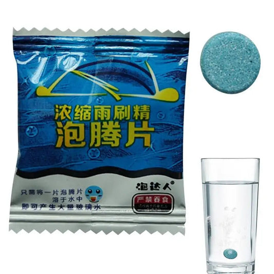Car washer tablet packaging with a glass of water and tablet