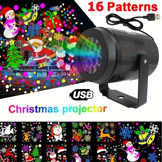 Christmas projector with USB connection displaying various patterns on a screen.