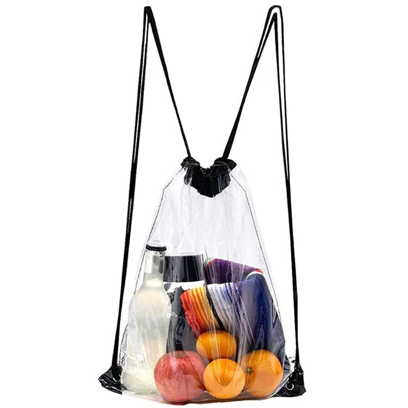 Clear drawstring bag with colorful fruits and vegetables on a white background