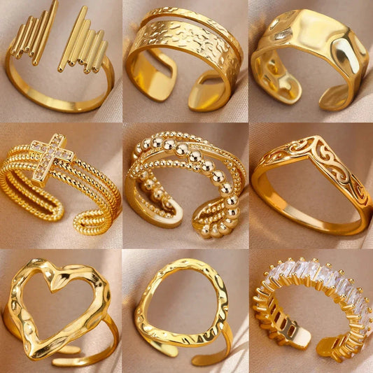 Collage of various gold rings on a beige background

