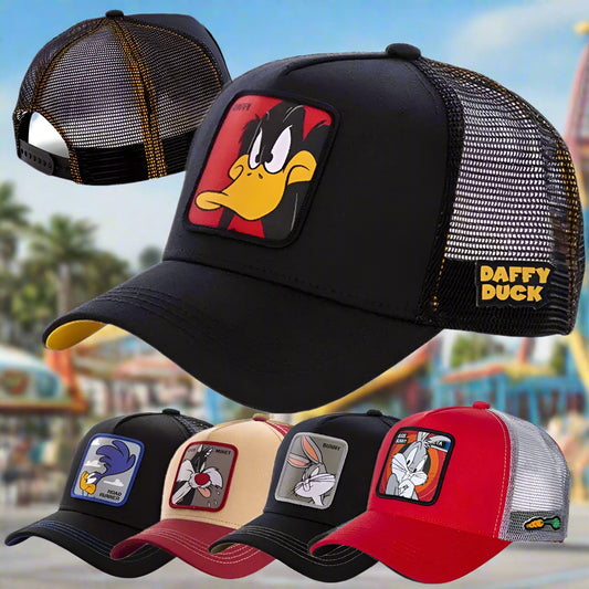 Collection of baseball caps with cartoon character patches on a white background