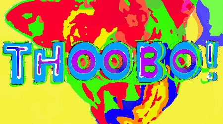Colorful abstract design with 'THOO BO!' text on a yellow background