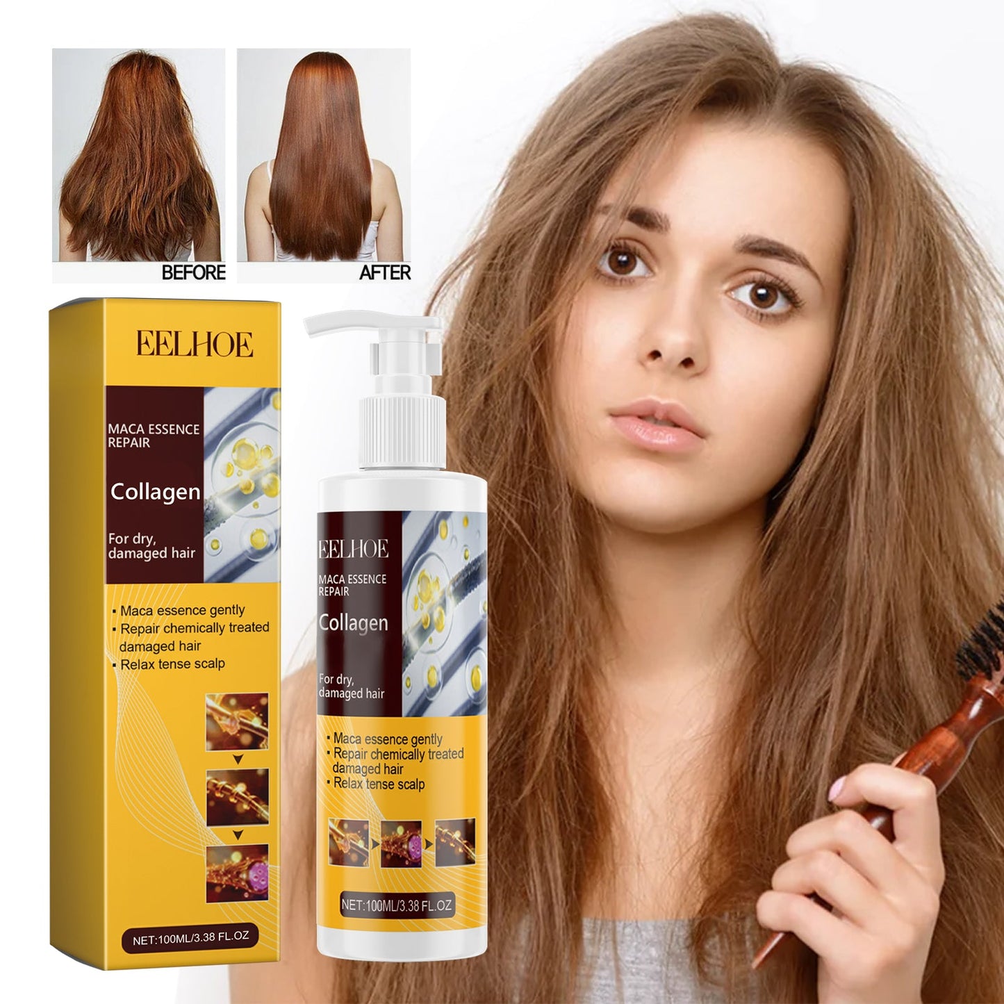 Maca Essence Repair Collagen, Repair Damaged Hair Reduces Split Ends Deep Clean Smooth And Shiny