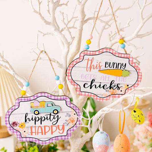 Easter decoration items grid edge letter bead string wooden pendant colorful wooden door number pendant