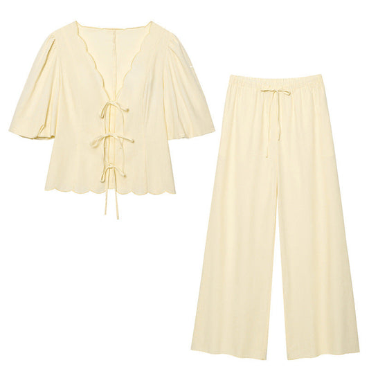 Elegant Solid Color Bubble Sleeve Blouse and Long Pants  Style Fashion Casual Loose Fit