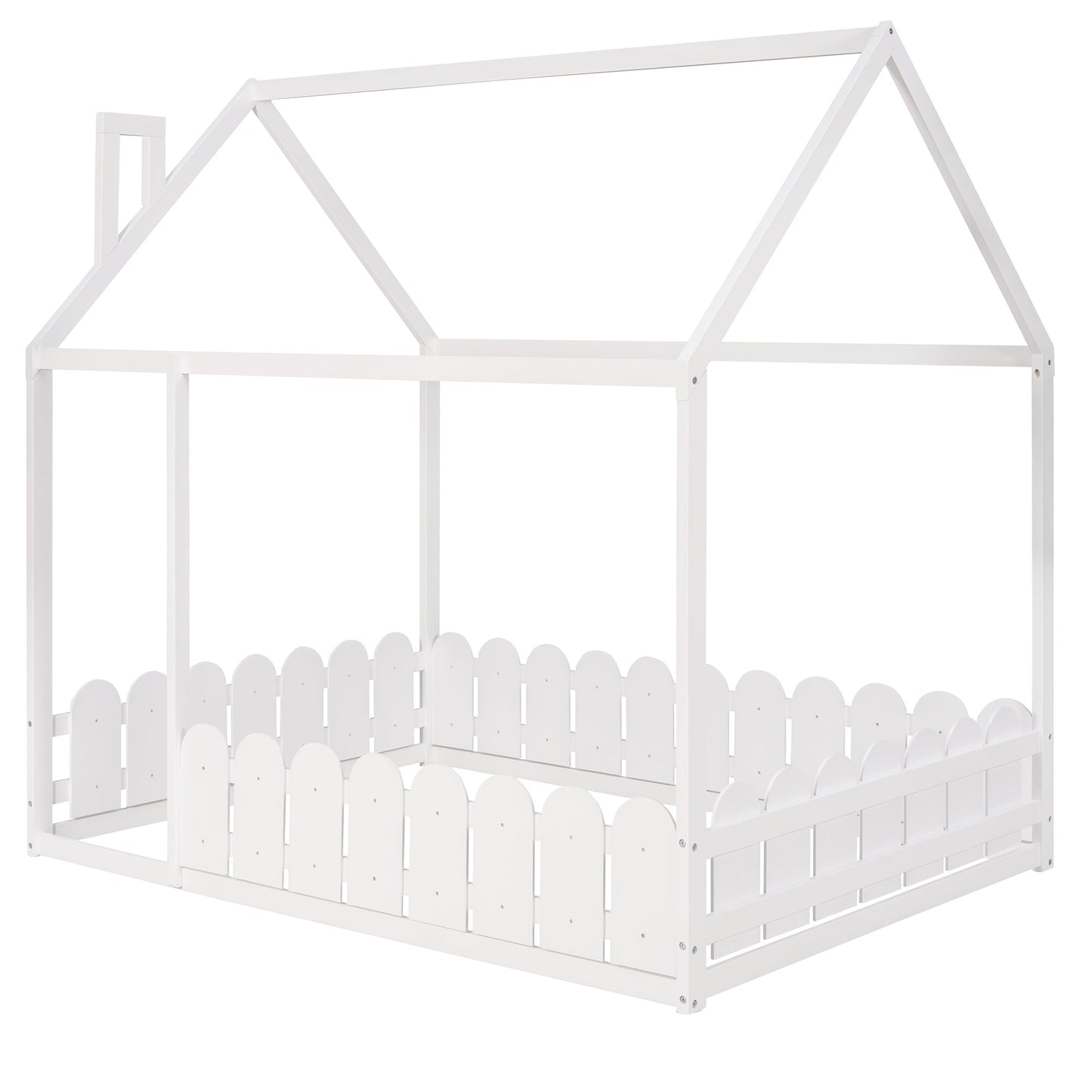(Slats are not included) Full Size Wood Bed House Bed Frame with Fence for Kids Teens Girls Boys (White )
