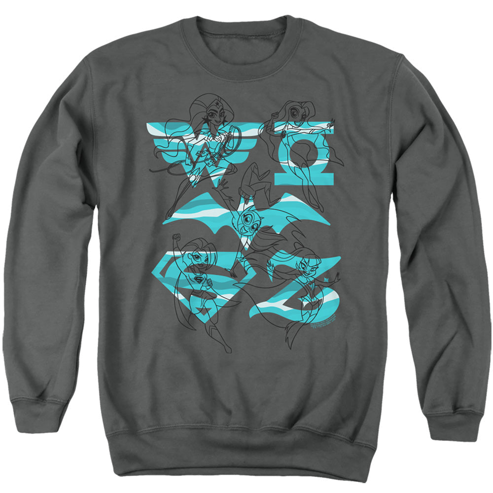 Dc Superhero Girls Line Art Group Mens Crewneck Sweatshirt Charcoal Officially Licensed