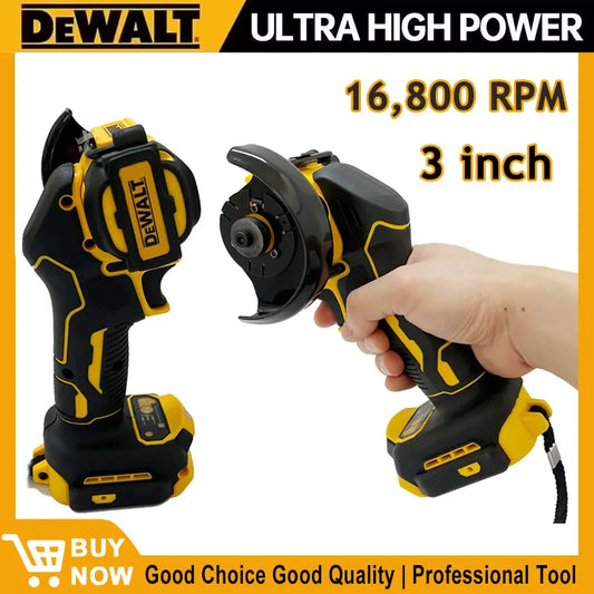 DEWALT power tool with 16,800 RPM and 3-inch blade, held by a hand, on a white background.