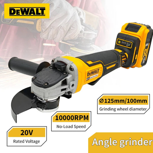 DeWALT angle grinder with specifications on a white background