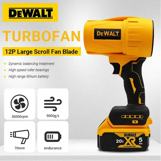 DeWALT turbofan with features highlighted on a white background