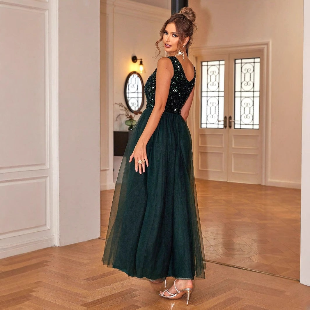 ElegantStyle Sexy Sleeveless Women's Shiny Mesh Splicing Swing Dress