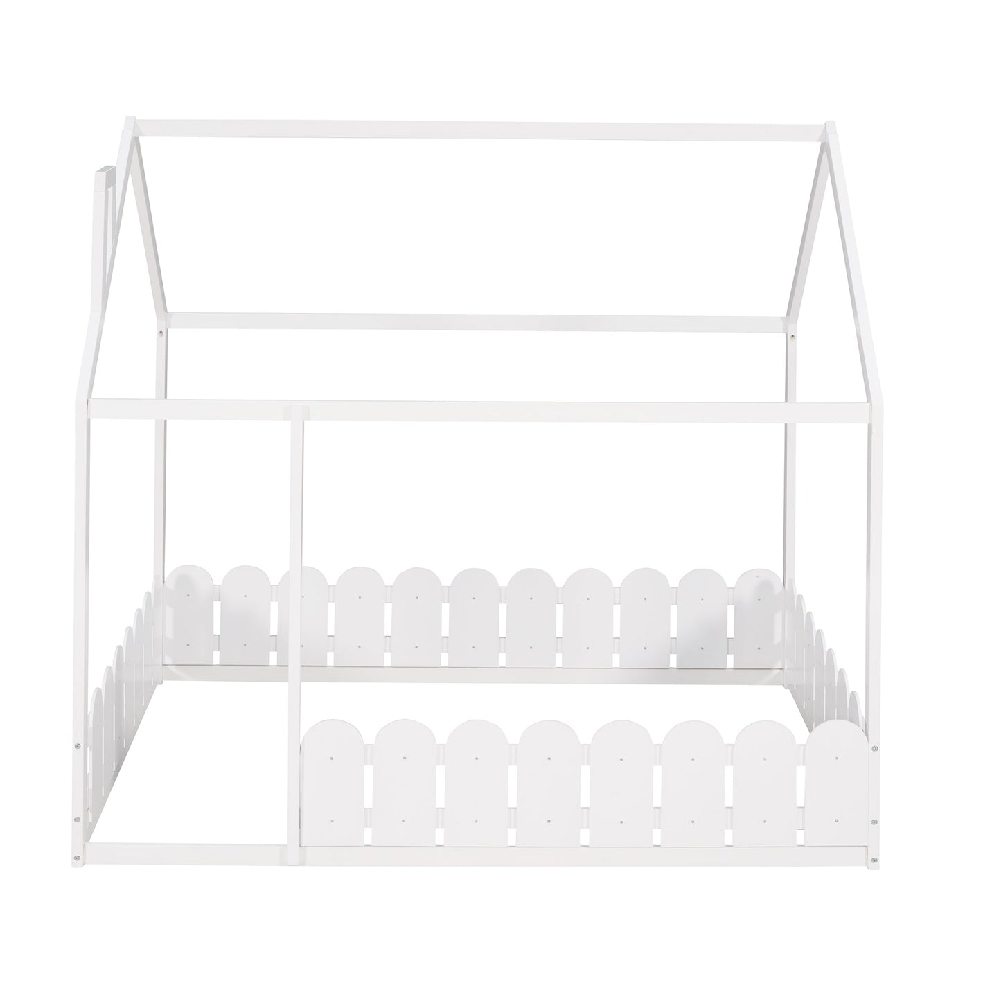 (Slats are not included) Full Size Wood Bed House Bed Frame with Fence for Kids Teens Girls Boys (White )