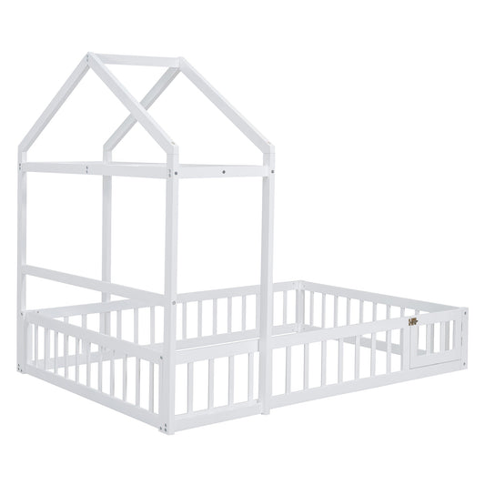 Wooden Full Size Children's Bed with Detachable Headboard and Integrated Clothes Drying Rack, White