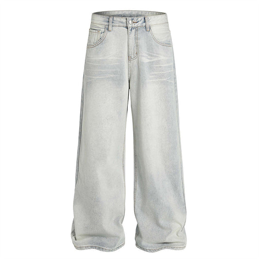 American Cleanfit Washed Denim Long Pants Men's Vintage Street Fashion Loose Straight Leg Distressed Wide Leg Dad Trousers