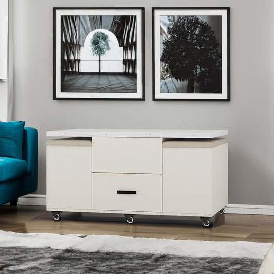 Modern lift coffee table, living room with 4 chairs, expandable 1 hidden storage space+2 drawers, folding dining table