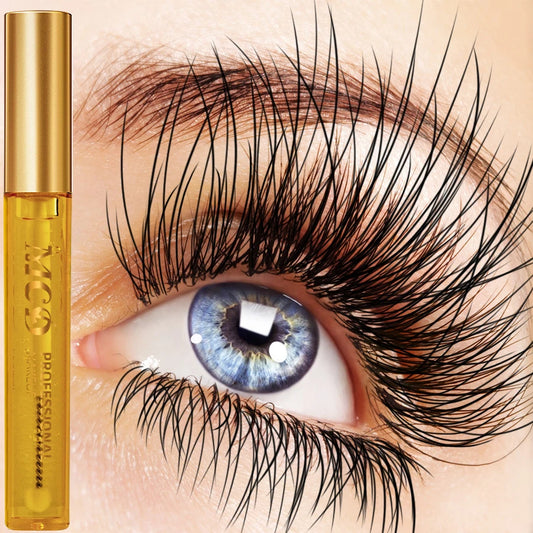 Eyelash serum with gold tube and visible brand logo, applied to an eye with long lashes.