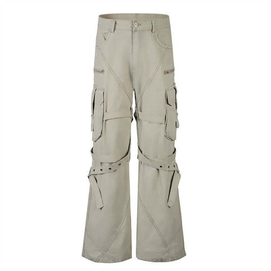 High Street Style Multi-Pocket Workwear Flared Trousers with Belt Design for Men
