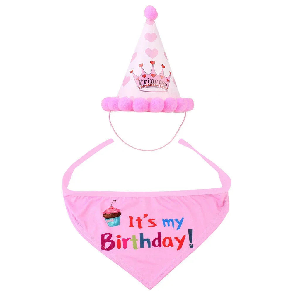 2Pcs/Set Dog Hat Bib Dog Birthday Bandana Scarf Adjustable Bandana Neckerchief Cat Dog Birthday Bib Hat Pet Supplies