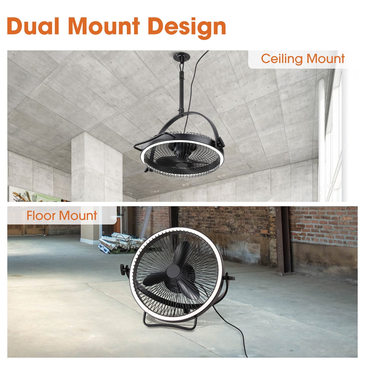20 Inch Black Industrial Rotatable LED Downrod Fan Floor Fan with Remote Control