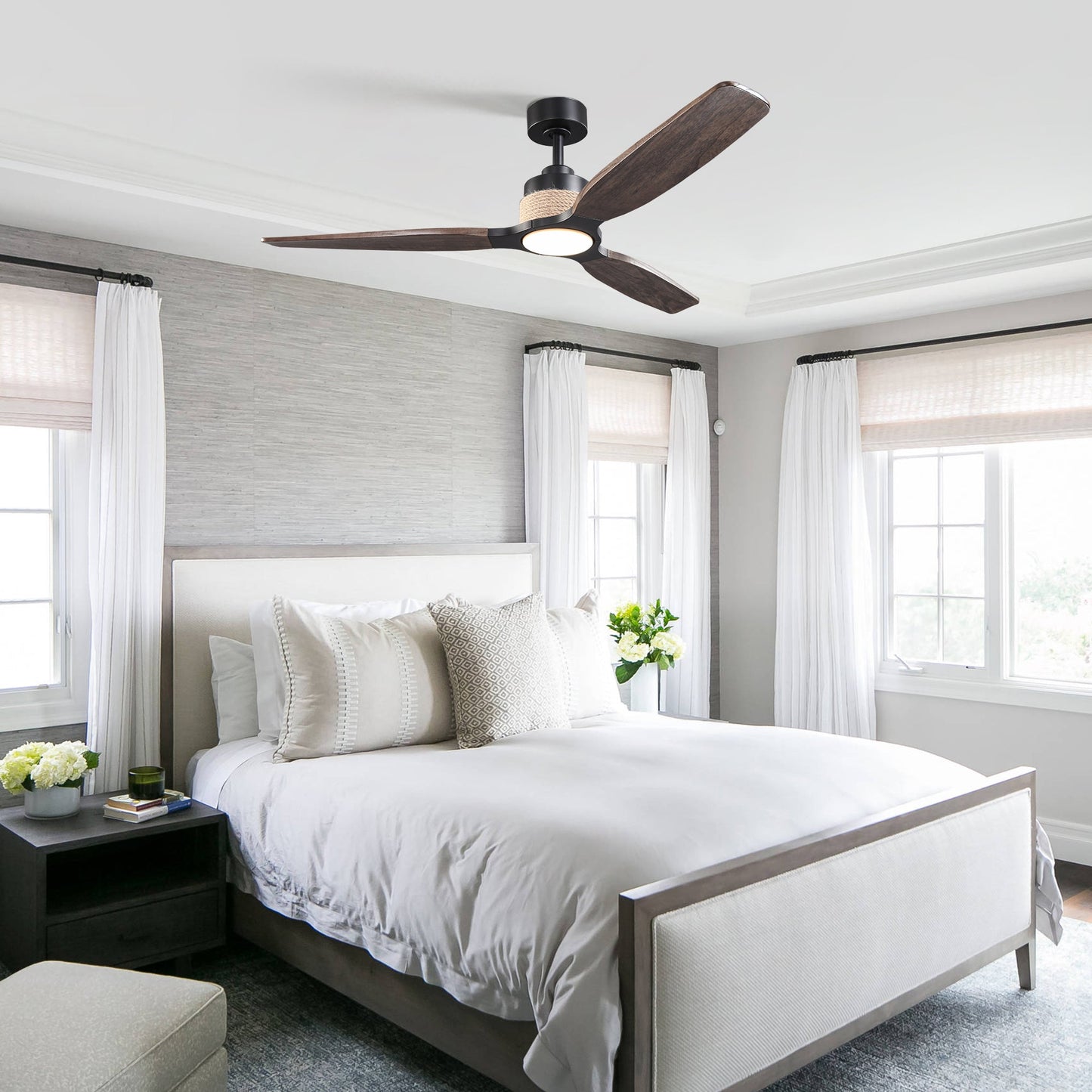 56 Inch Louise Downrod Mount LED Wood Blades Ceiling Fan with Remote Control