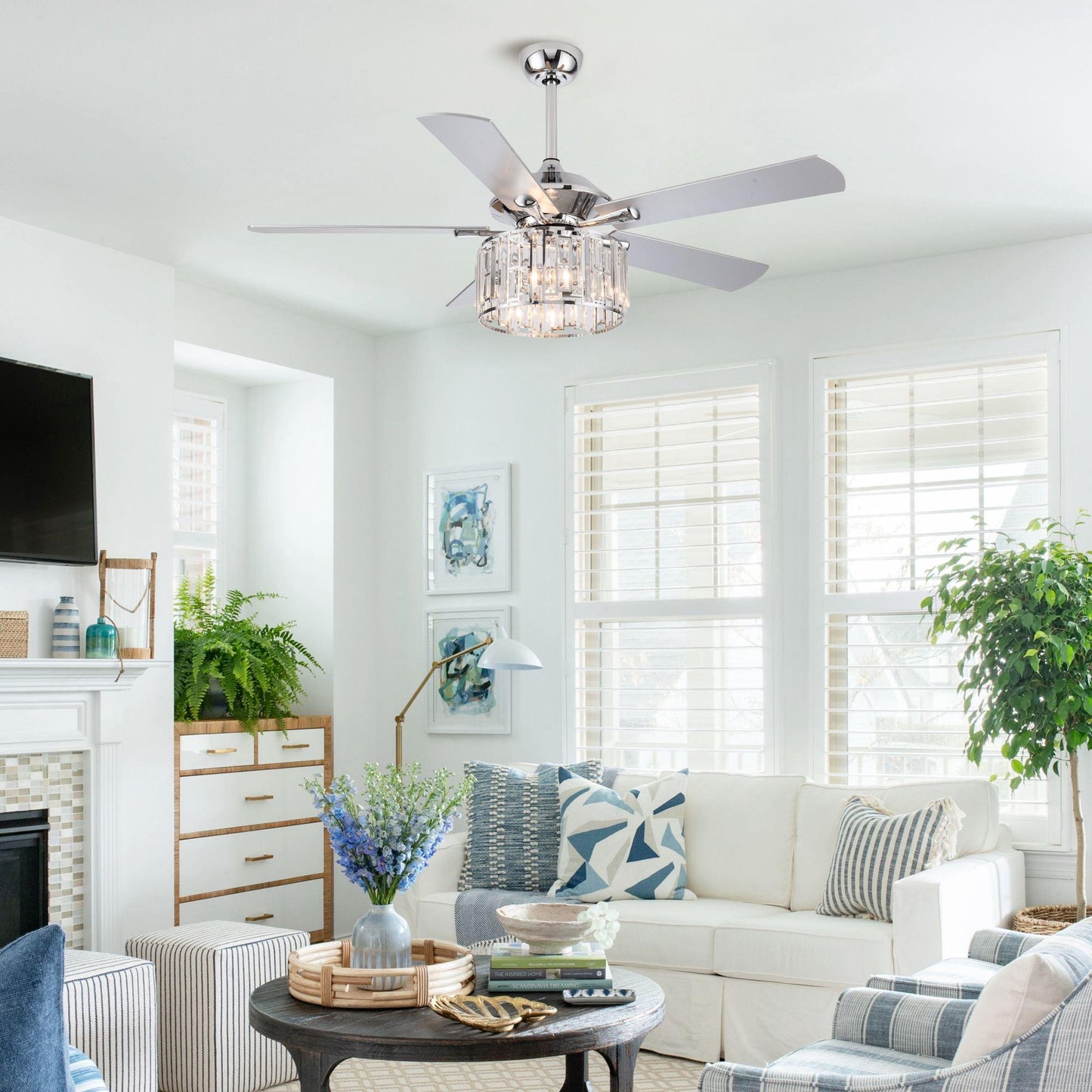 52" Dicken Modern Downrod Mount Reversible Crystal Ceiling Fan With Lighting
