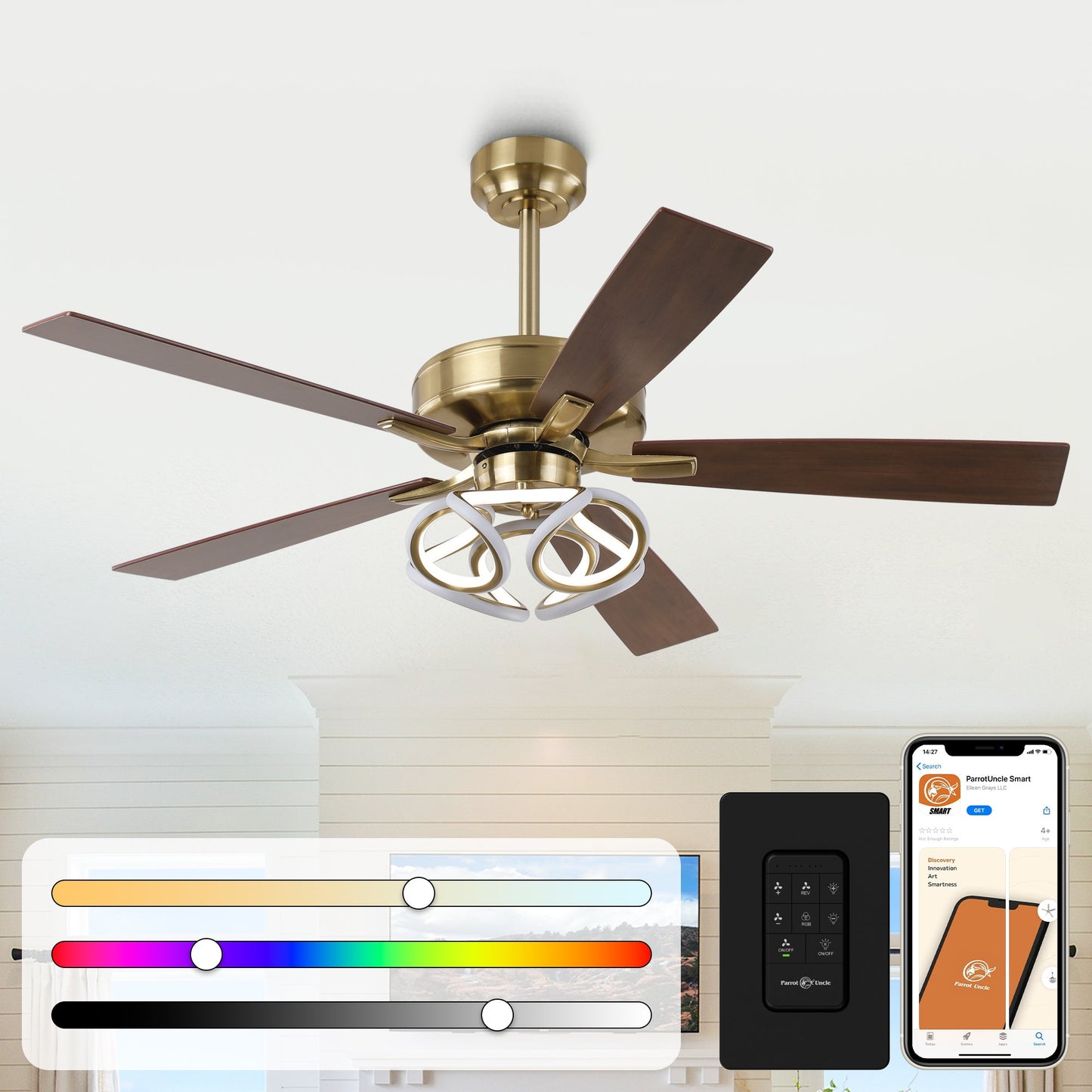 52 Inch Boyd Antique-bronze Golden Downrod Mount RGB LED Smart Fan