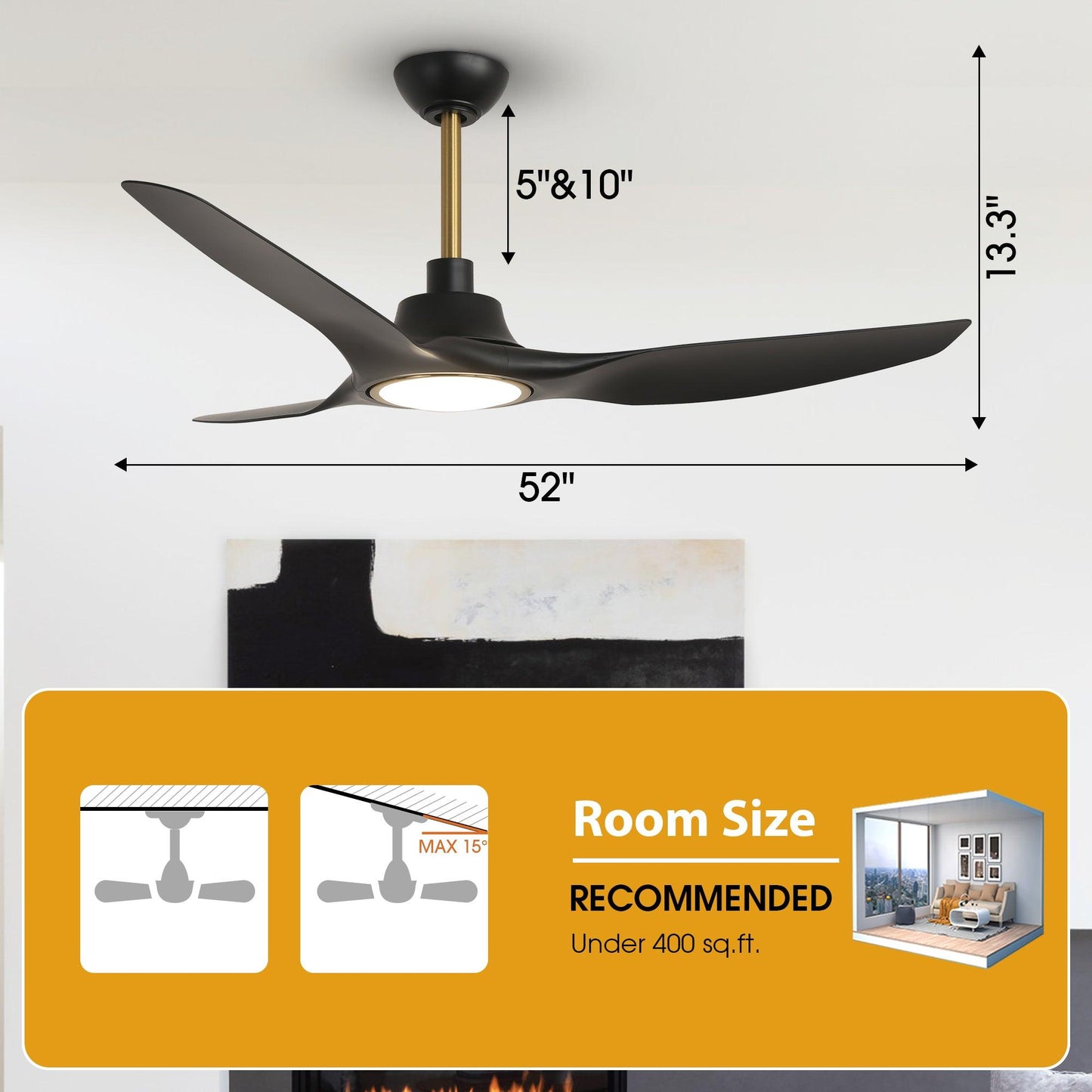 52" DC Motor 3 Blades Modern Downrod Mount Smart Fan with LED Light