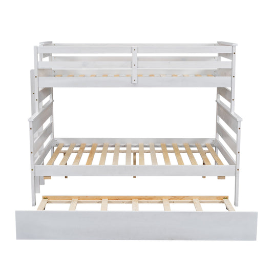 Wood Twin over Full Bunk Bed with Twin Size Trundle  White