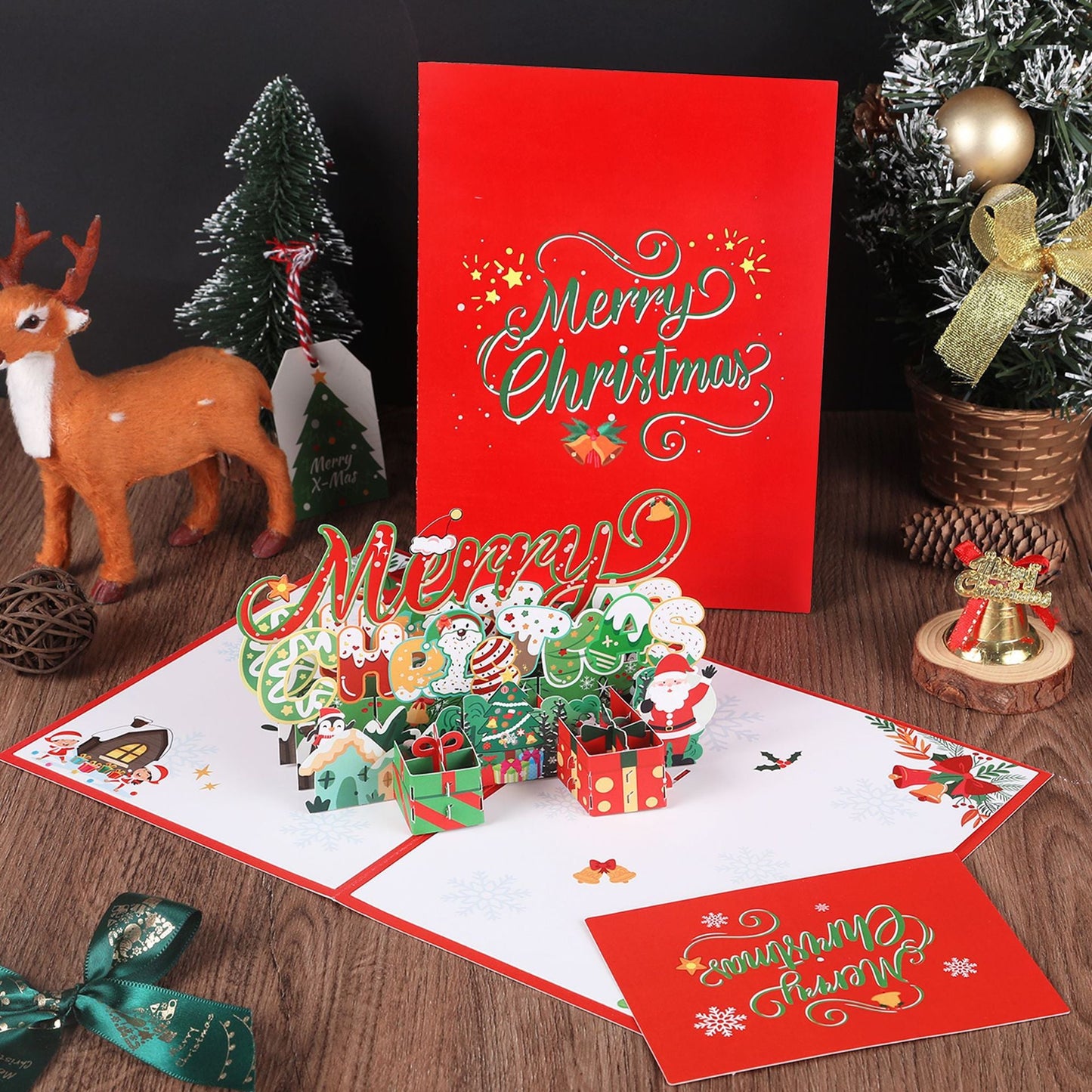 Christmas 3D greeting card, Christmas tree, little penguin cartoon, cute paper carving, handwritten message greeting card