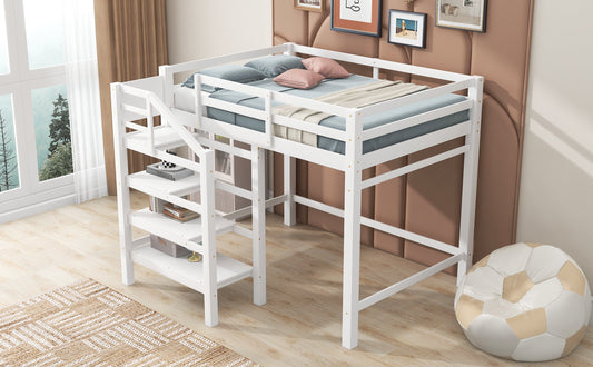 Full Size Loft Bed with Built-in Storage Staircase and Hanger for Clothes  White