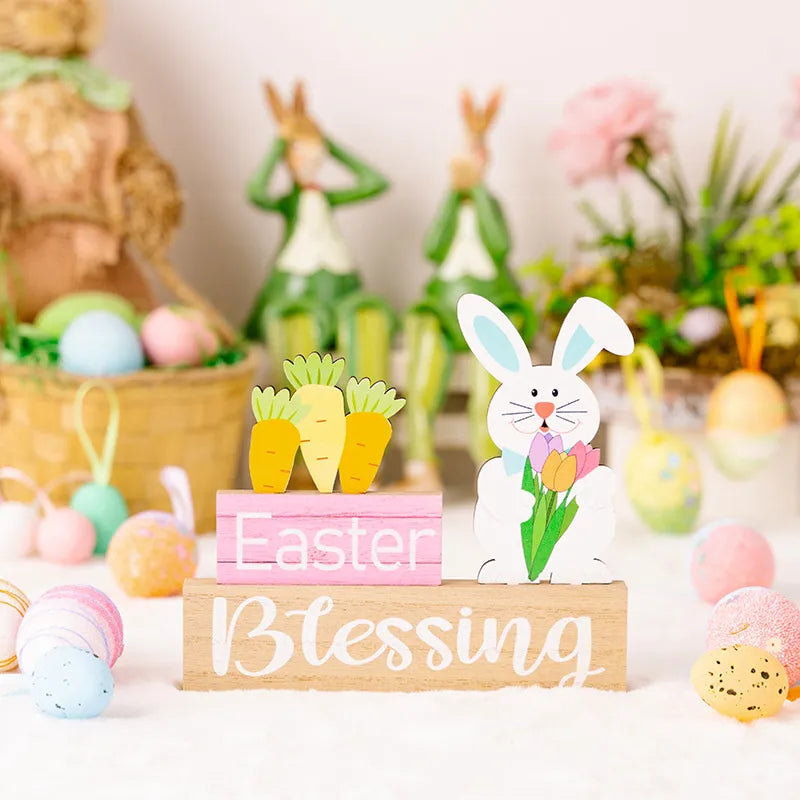 Easter Decoration Supplies Easter Rabbit Flower Hugging Wooden Ornament Rabbit Dwarf Desktop Decoration