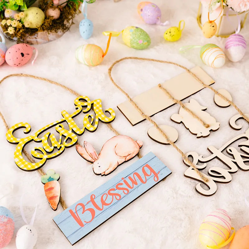Easter decoration supplies Easter grid letter wooden pendant cartoon Easter egg rabbit pendant