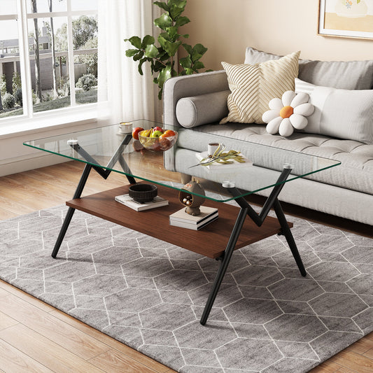 Rectangle Coffee Table with Tempered Glass top and Black Metal Legs, Modern Table for Living Room , Transparent Glass