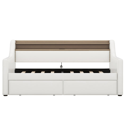 Twin Size Daybed with Drawers, Upholstered Daybed with Charging Station and LED Lights, White
