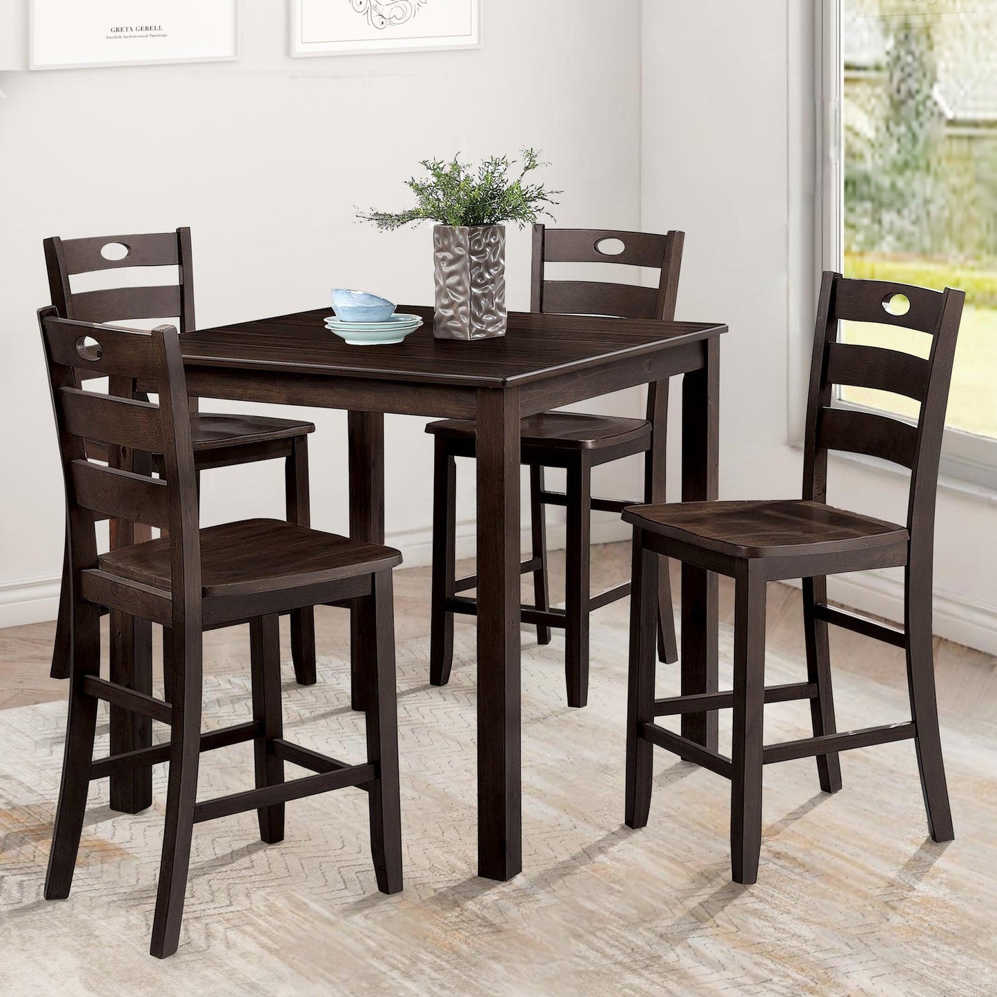 36"H Solid Rubberwood and Wood Veneer 5-Piece Counter Ht. Table Set