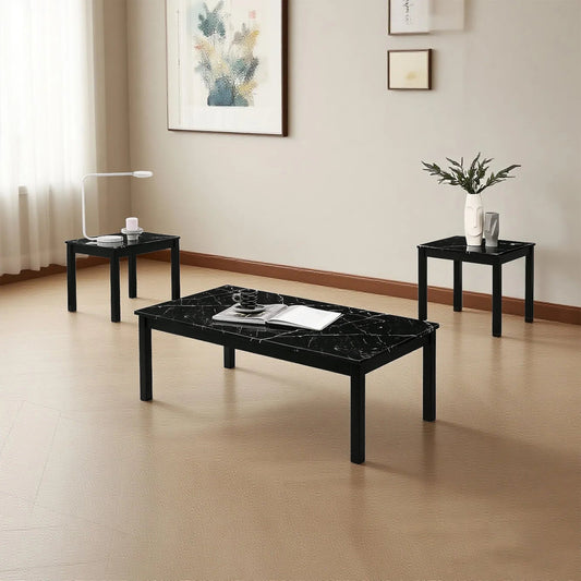 Findlay 3-Piece 47.5 in. Rectangle Faux Marble Top Coffee Table Set with Solid Wood Legs