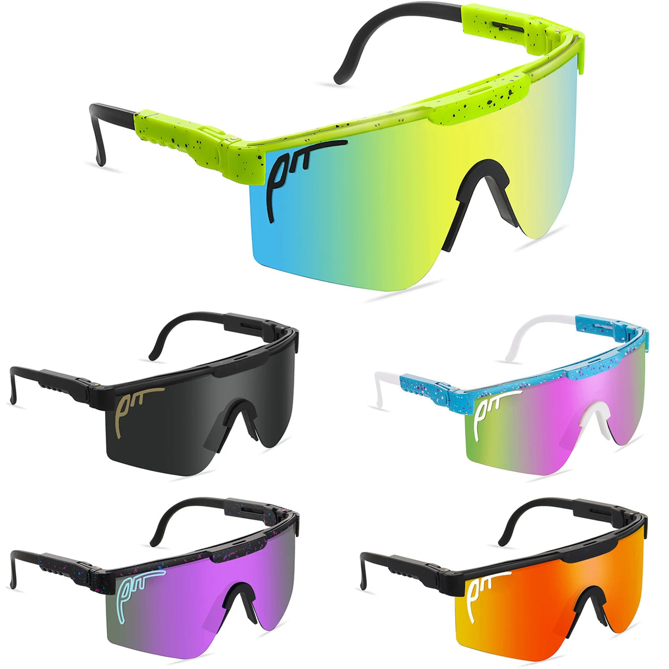 Five pairs of sunglasses with reflective lenses on a white background