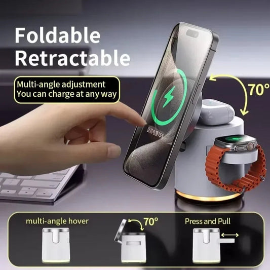 Foldable and retractable charging stand with smartphone, smartwatch, and keyboard on a dark background