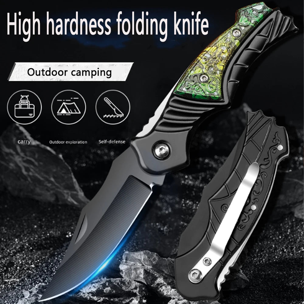 Folding knife with green and black handle on a dark background