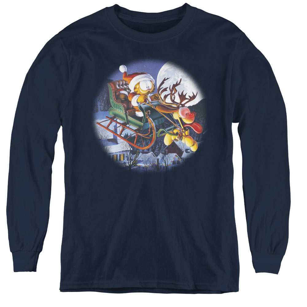 Garfield Moonlight Ride Long Sleeve Kids Youth T Shirt Navy